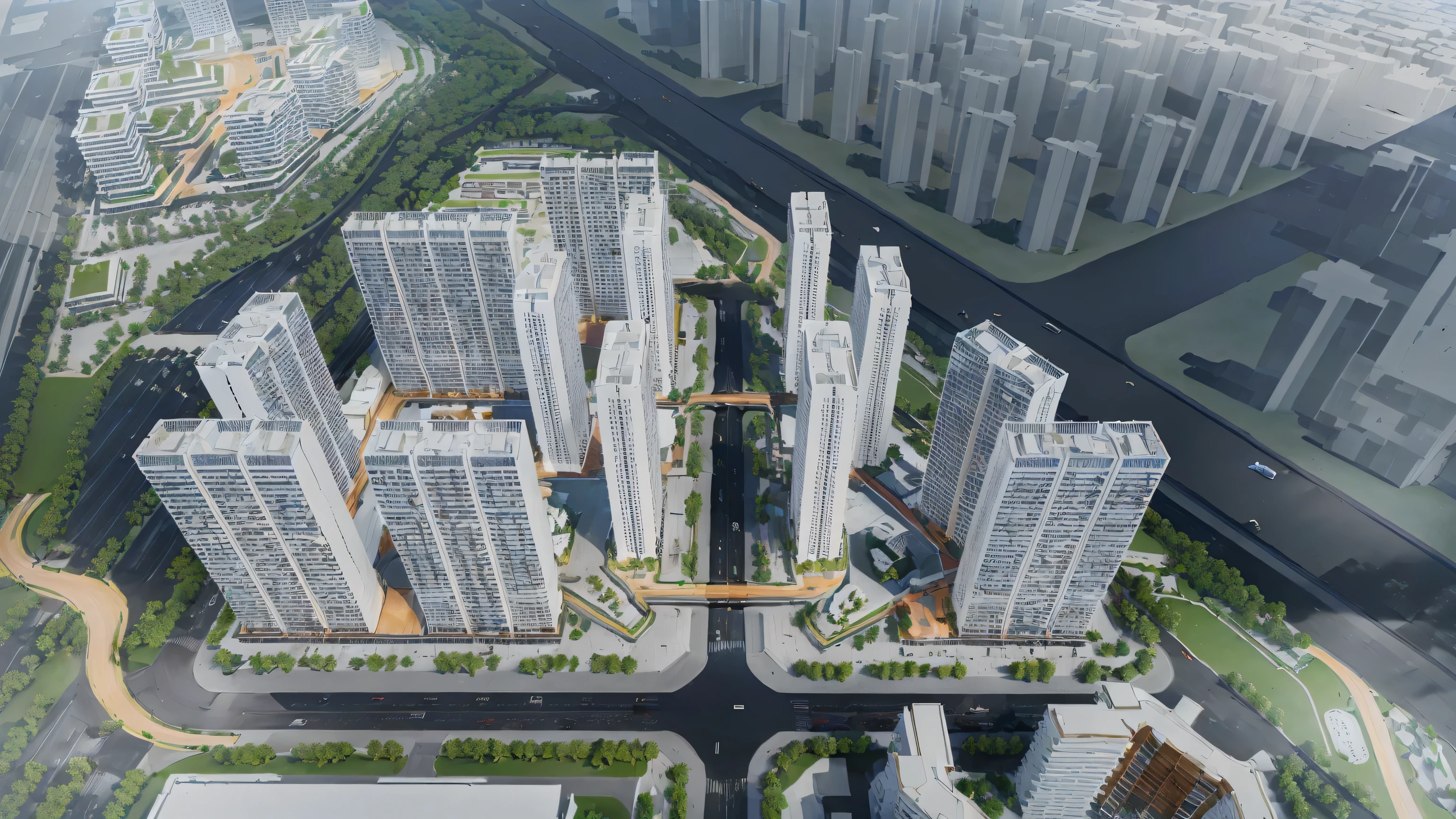 there is a picture of a City with a lot of tall buildings, City, Hybrid development, Shenzhen, white pale concrete City, nanquan, Center of Gravity Subdivision, High-rise buildings, Neat and dense buildings, street top view, 2 d cg, complex City, yintion j - jiang geping, mega structure City, Concept map, Residential area