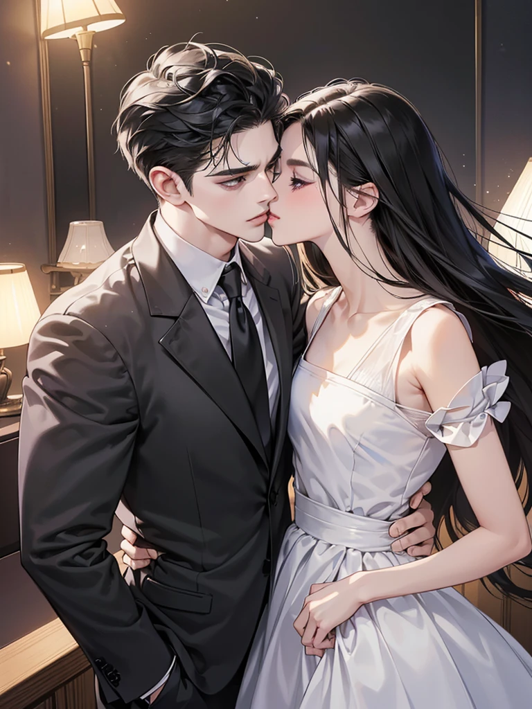 (masutepiece, Digital Art, Digital Illustration, 4K, 8K, Ultra-detailed, beautiful image, Sharp Image, Photorealistic, Raw photo, Perfect face, Perfect lines, Perfect eyes, Soft lighting) 1 woman, (Long Black Hair,straight haired,Bullish gaze,Beautie,Woman in suit,Solid makeup,23 y-o woman,small tits:1.3),Secretary, Two handsome men in suits, (ember,Men in suits,well-muscled,Firm shoulder width,Adult male,Boyish hairstyle,English gentlemanly style,Man in his 30s with a cool expression,28-year-old man with bright smile:1.2),Parti、a couple、couple kissing、kiss、the kiss、Romance、Kissing