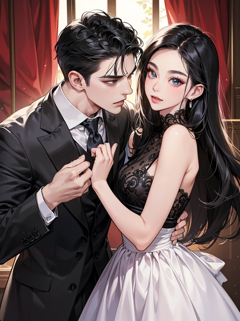 (masutepiece, Digital Art, Digital Illustration, 4K, 8K, Ultra-detailed, beautiful image, Sharp Image, Photorealistic, Raw photo, Perfect face, Perfect lines, Perfect eyes, Soft lighting) 1 woman, (Long Black Hair,straight haired,Bullish gaze,Beautie,Woman in suit,Solid makeup,23 y-o woman,small tits:1.3),Secretary, Two handsome men in suits, (ember,Men in suits,well-muscled,Firm shoulder width,Adult male,Boyish hairstyle,English gentlemanly style,Man in his 30s with a cool expression,28-year-old man with bright smile:1.2),Parti、a couple、couple kissing、kiss、the kiss、Romance、Kissing