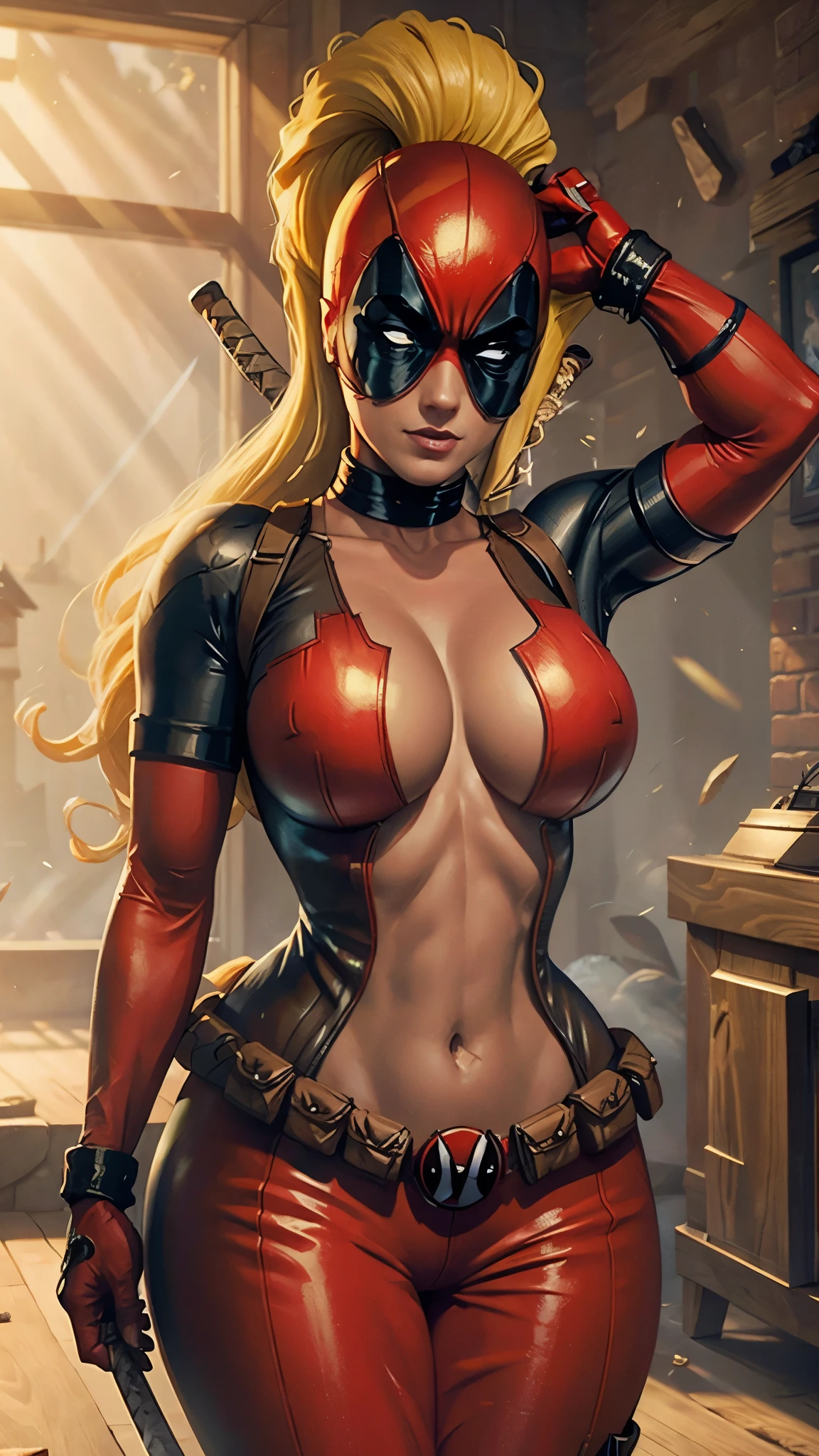 Lady deadpool showing her , busty. Swords. Blonde