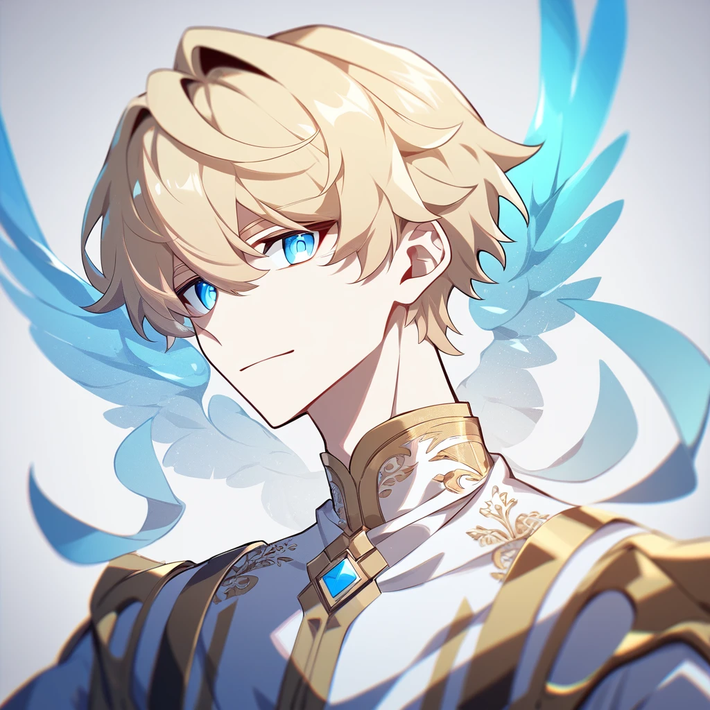 1 young man, focus man , No smile, angel , short hair, Light blonde hair, light blue eyes , white skin, Wear yellow jewelry., He wore a white robe with some gold embroidery.  , Fantasy, The best aesthetics , best quality, Amazing quality, The best aesthetics
