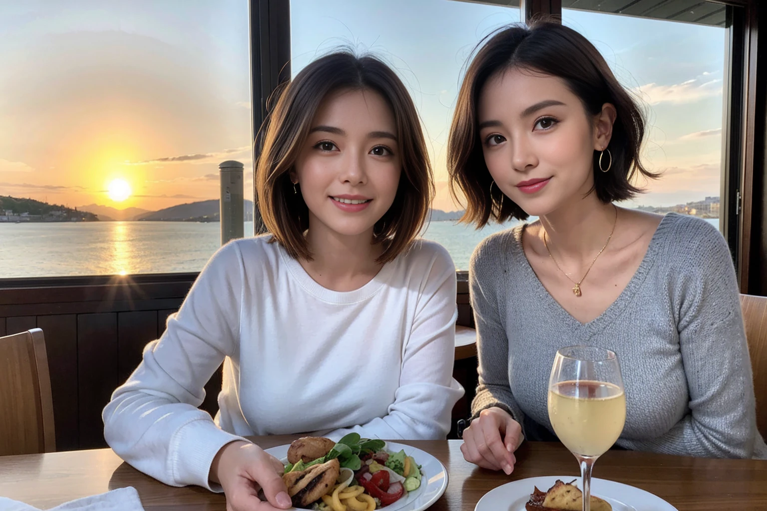(Realistic:1.1),(masterpiece,Highest quality),8k,(49 years old), 47 years old, slimカップル、Model Couple、actress/actor、Tight waist,Upper Body,full-course dinner、wine 、Amazing view of the sunset sky and clouds、Perfect Anatomy, Brown Hair, short hair,Random Hairstyles,((Highly detailed face and eyes:1.2))(cute顔:1.4),美しいactressの顔,Perfect golden ratio face,Long sleeve shirt、dress,(smile:1.2)、Shortcuts、cute、(Realistic, Intricate details:1.2), A bright smile、short hair,Bright Face、赤wine 、Appetizers、Italian food、wine bottle、Champagne、スパークリングwine、(slimな顔), (The body is slim), (Brown Hair), (Shortcuts), Upper Body, 白wine, slim, wineグラス,