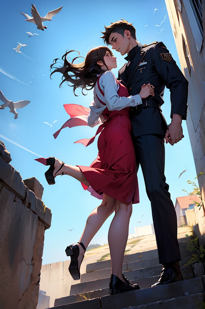 Couple falling from the sky holding hands as their whole body falls from the sky 