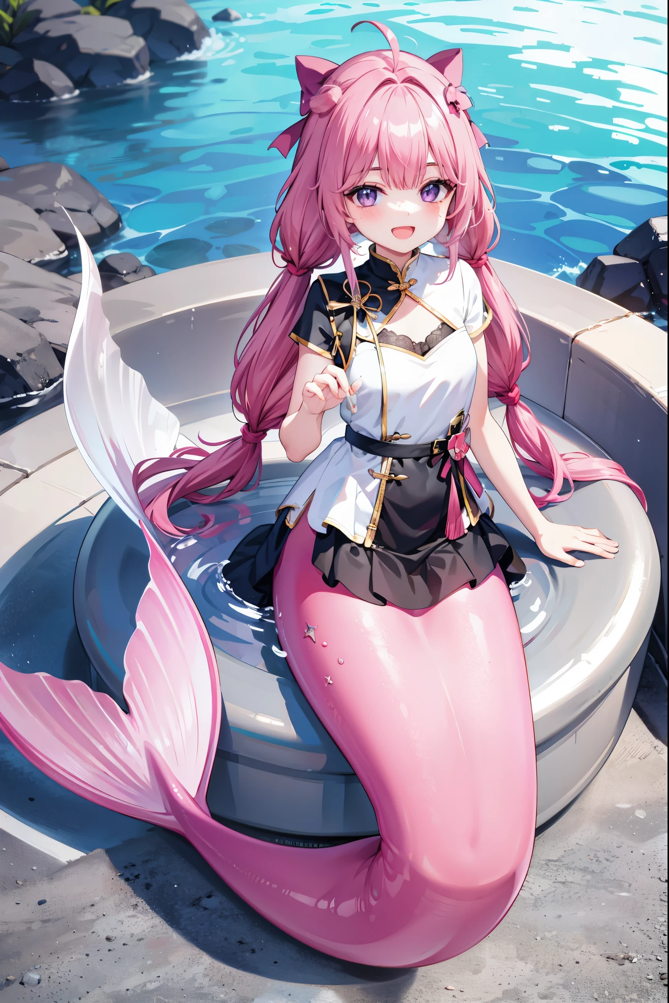 masterpiece, best quality,1girl, 独奏, long hair, looking at viewer, blush, smile, open mouth, bangs, hair ornament, bow, twintails, purple eyes, pink hair, ahoge, white hair, :d, hair bow, multicolored hair, horns, Virtual YouTuber, low twintails, pink bow,Mermaid,粉色的Mermaid尾巴,full-body shot,Lying in the bathtub,Looking at the audience,