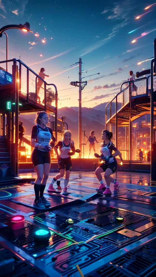 top quality, future world, six woman athletes play sports together in playground including cycling and boxing and badminton and volleyball and basketball and fencing , close shot photo, (one Olympic flame is in the sky, one torch in hand,  gold medal on necks)