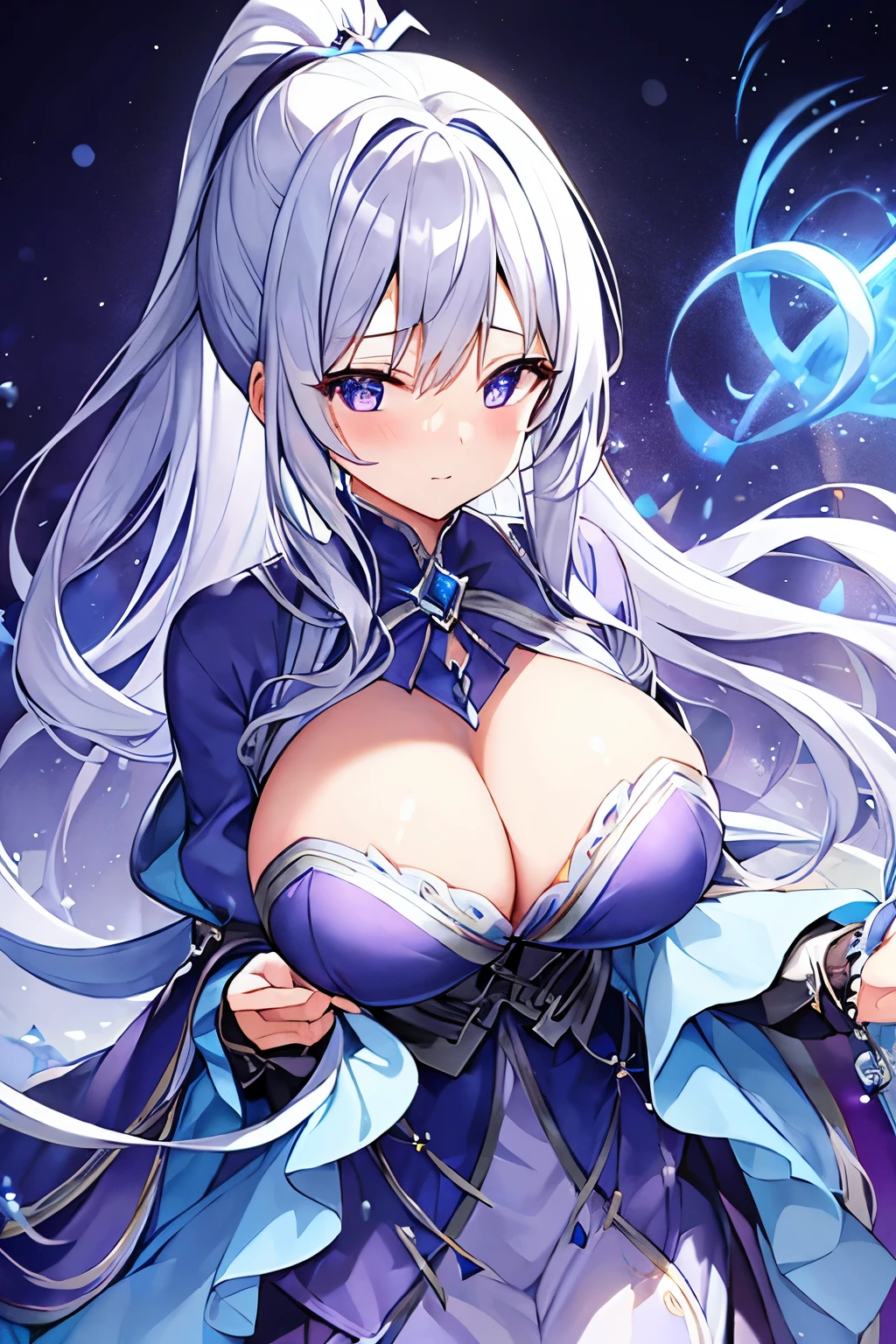 1 girl、Silver Hair、ponytail、Fantasy、witch、Blue clothes、Purple decoration、accessories、Villain、(Magical Items)、Bigger breasts、Upper body exposed、Lots of fabric on the lower body