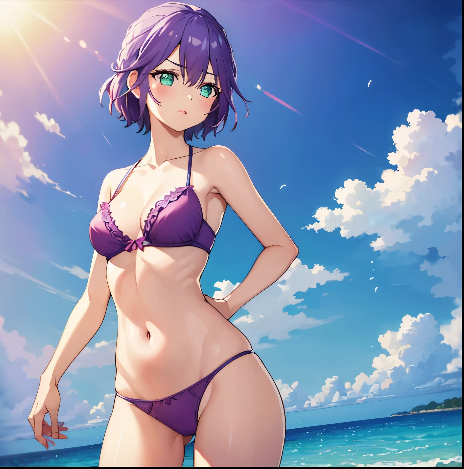 ((1girl)),((alone)), hiro segawa,(masterpiece), (best quality), (ultra detailed), (best illustration), (best shadow), (absurdities), sharp focus, cowboy shot , dynamic posture looking at the viewer, small breasts, narrow waist, wide hips, wide thighs, round butt, erotic, romantic, (very detailed eyes, lips 1.1), very detailed eyes, eyes, Very detailed face, Very beautiful face, height full, beautiful slim figure, femininity, expressive appearance, elastic small breasts, increased sexuality, short hair, purple hair, green eyes, ruffled bikini:1.4, purple bra, purple panties, wet, cleavage, bare arms, waist, navel, bare legs, defined body, perfect and beautiful body, perfect and beautiful, closed mouth, calm expression, blushing, (sexy pose: 1.2) , ((solo)), standing: 1.3, outdoor, day, beach, sea, clear sky, sunny, partially submerged, looking forward, ((focus on thighs)), point of view: (from below), blush red, perfect anatomy, perfect hands,