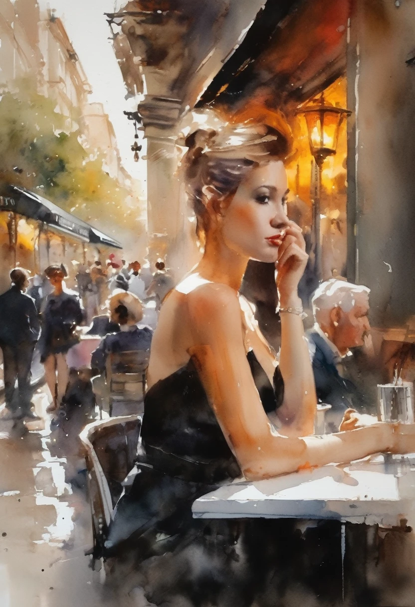 a stunningly beautiful young woman sitting in a Parisian street café, portrait by Willem Haenraets, watercolor, wet on wet and splattering techniques, centered, perfect composition, abstraction, surrealism, cleavage, sexy, thigh, short skirt