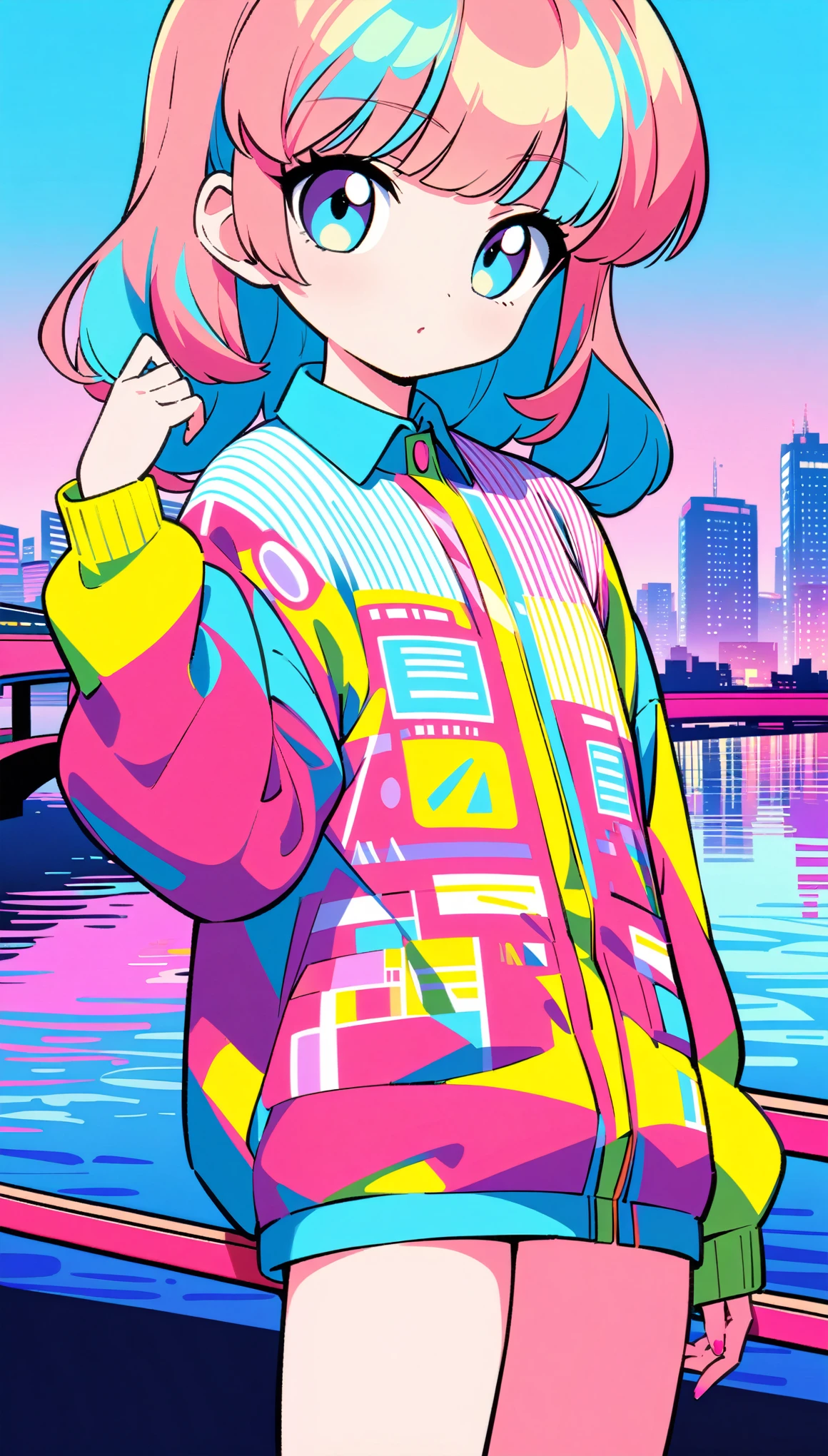 masterpiece, Highest quality, Beautiful attention to detail, Very detailed, In detail, High resolution, Perfect Anatomy, colorful, pastel colour, One Girl, alone, (City pop illustrations), (City Pop Art), Simple Background, Retro Style, (Vaporwave City Pop), (1980s City Pop), (City Pop Anime), (river, bridge), Retro Style, 1980s Fashion, Cowboy Shot,