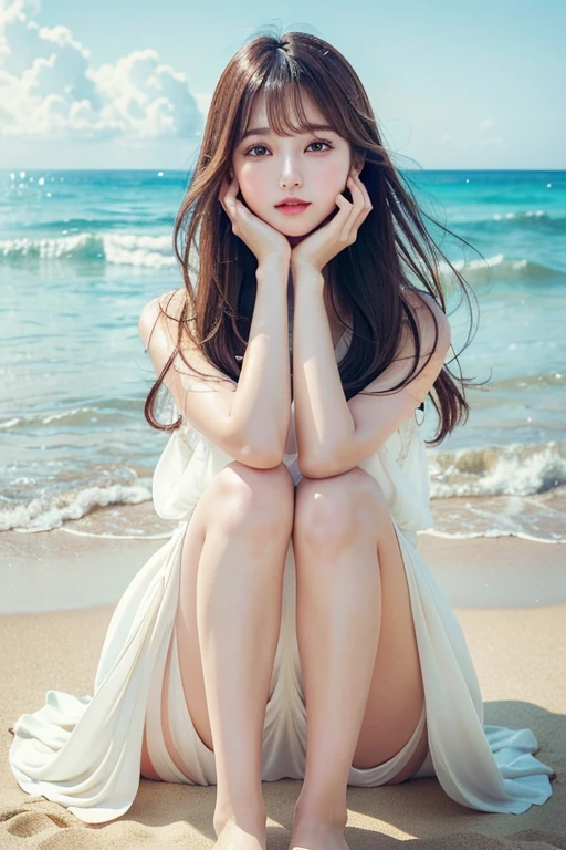 masterpiece、Highest quality、An illustration、Super Fine、Are you okay、High resolution、8k wallpaper、Perfect dynamic composition、Beautiful attention to detail、Sheer, Thin dress、Natural color lip、Beach、Random and cute poses、flowing bangs、Beautiful feet、KPOP idol faces、Perfect and beautiful face、cute