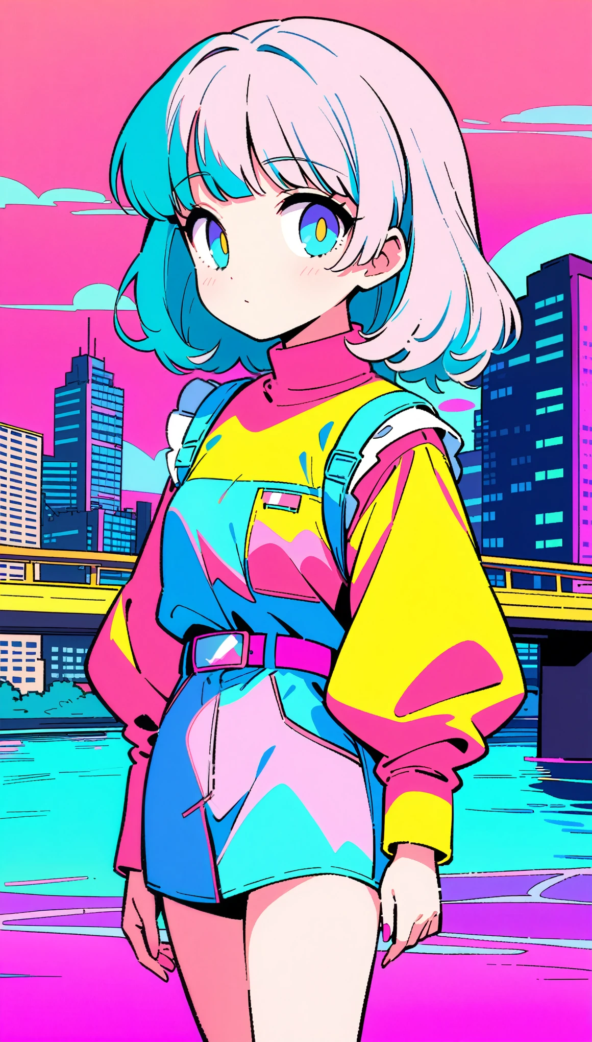 masterpiece, Highest quality, Beautiful attention to detail, Very detailed, In detail, High resolution, Perfect Anatomy, colorful, pastel colour, One Girl, alone, (City pop illustrations), (City Pop Art), Simple Background, Retro Style, (Vaporwave City Pop), (1980s City Pop), (City Pop Anime), (river, bridge), Retro Style, 1980s Fashion, Cowboy Shot,