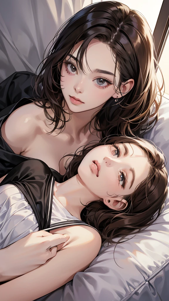 (masutepiece, Digital Art, Digital Illustration, 4K, 8K, Ultra-detailed, beautiful image, Sharp Image, Photorealistic, Raw photo, Perfect face, Perfect lines, Perfect eyes, Soft lighting) , a couple, 1 girl 1 boy, Hair color is different, Medium brown hair and brown eyes, Short black hair and gray eyes, Romance, Lie on the ground, Lip touch
