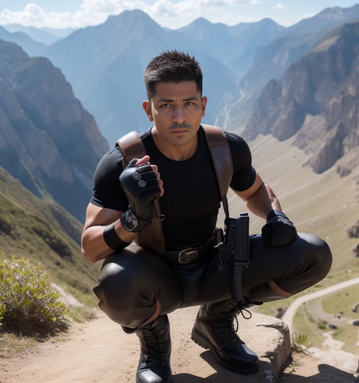 40 years old,One Man,Mexican Fighter,Cliff in the mountains、Squat with your legs wide apart、Hold a gun,logic,Gay ,Short Hair、Stubble,Handsome、Fighting spirit、The crotch area is bulging。Shocker Belt、Black boots、Black gloves