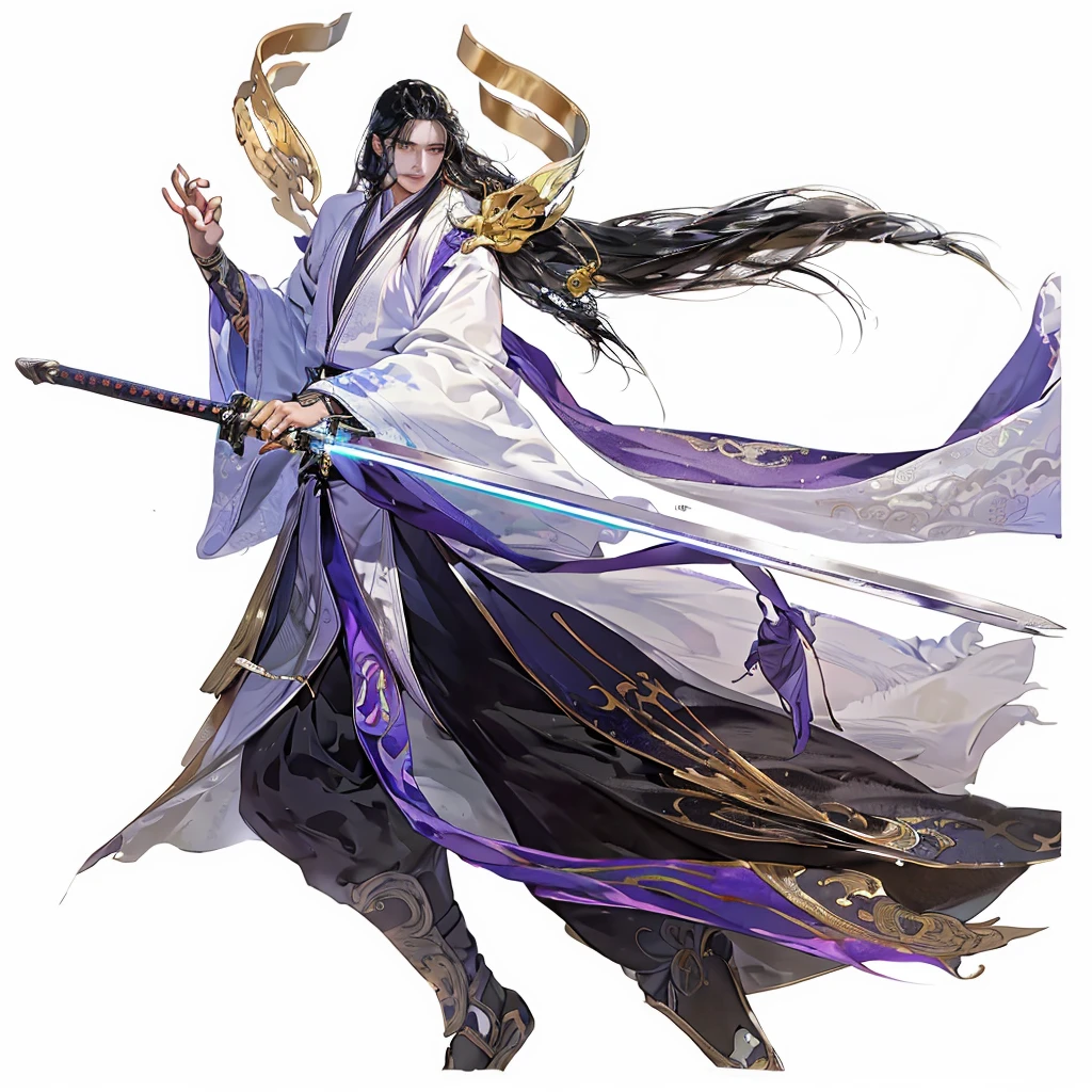 飘逸的长发年轻帅气Mage、Swing the Sword,Game art style and anime character design、Beautiful hand-painted game illustrations、uhd、超detail、16K、Textured Skin、高detail、black、Attack Action、flight、Mage、Competition、Wearing a white and purple robe、Swing the Sword、black长发swordsman、Profile、Clear outline、Full body view、 Swing the Sword, Full body view, Dynamic running posture, Run sideways, flight, swordsman, 英俊的black长发中国男子, Swing the Sword, high quality, detail, Full body shot, flight姿势, White background, high quality, detail, Ross Tran style concept art, White and deep sky blue, 2D animation, Colorful clothing--ar 79: 86