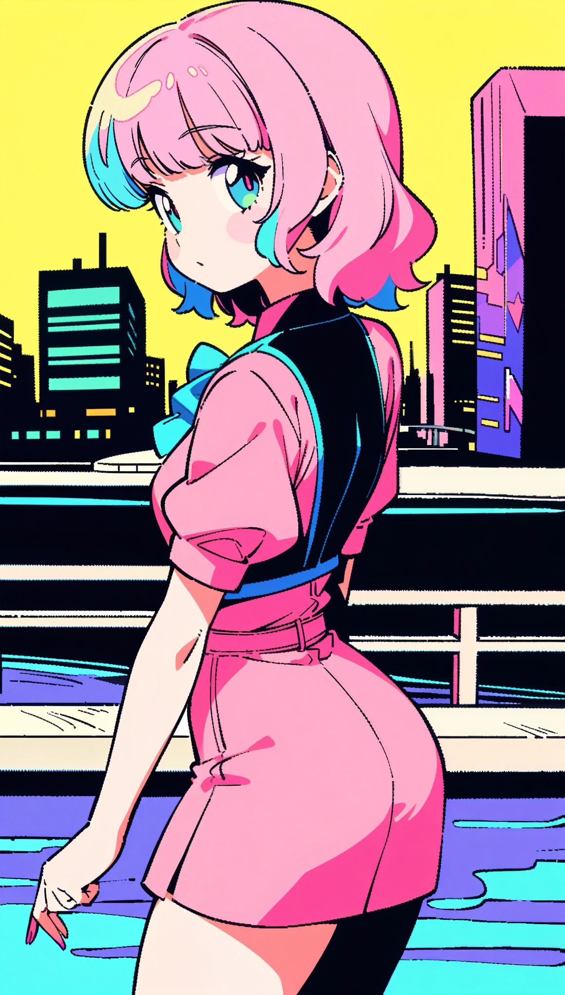 masterpiece, Highest quality, Beautiful attention to detail, Very detailed, In detail, High resolution, Perfect Anatomy, colorful, pastel colour, One Girl, alone, (City pop illustrations), (City Pop Art), Simple Background, Retro Style, (Vaporwave City Pop), (1980s City Pop), (City Pop Anime), (river, bridge), Retro Style, 1980s Fashion, Cowboy Shot,