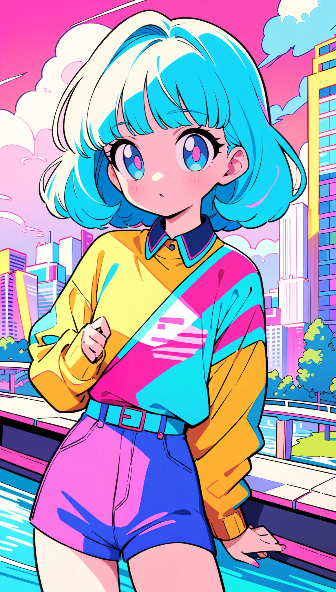 masterpiece, Highest quality, Beautiful attention to detail, Very detailed, In detail, High resolution, Perfect Anatomy, colorful, pastel colour, One Girl, alone, (City pop illustrations), (City Pop Art), Simple Background, Retro Style, (Vaporwave City Pop), (1980s City Pop), (City Pop Anime), (river, bridge), Retro Style, 1980s Fashion, Cowboy Shot,