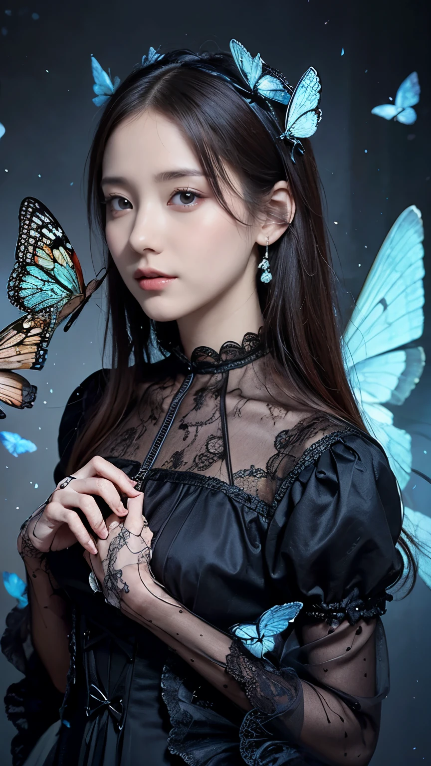 A surreal portrait of a woman wearing a semi-revealing Victorian dress, her head replaced by a ram's skull, surrounded by ethereal butterflies on a dark background, intricate lace details, magical realism, digital Art, charming poses, full of temptation.