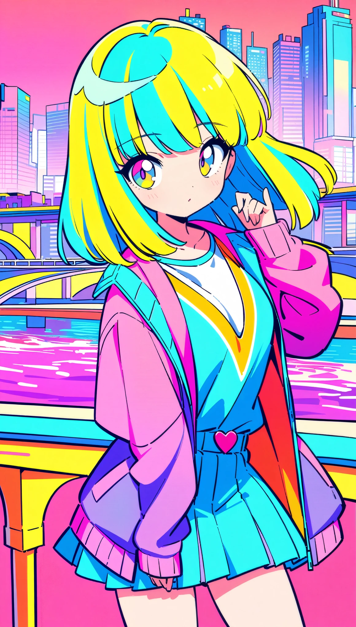 masterpiece, Highest quality, Beautiful attention to detail, Very detailed, In detail, High resolution, Perfect Anatomy, colorful, pastel colour, One Girl, alone, (City pop illustrations), (City Pop Art), Simple Background, Retro Style, (Vaporwave City Pop), (1980s City Pop), (City Pop Anime), (river, bridge), Retro Style, 1980s Fashion, Cowboy Shot,