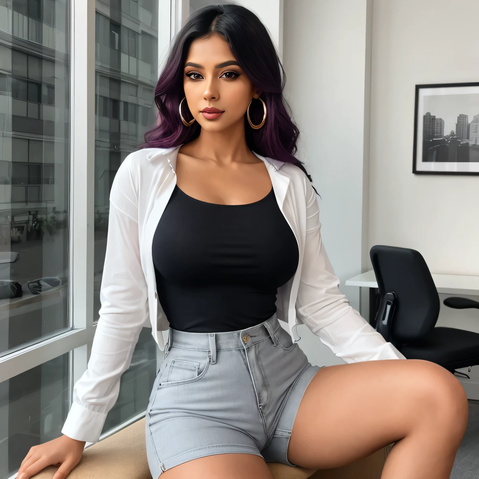 Create an ultra-realistic image of a modern, attractive female influencer of Indian descent, aged between 27 to 30. She should have a warm and inviting smile, expressive almond-shaped eyes with a slight shimmer, and clear, glowing skin with a medium brown complexion. Her features should be well-defined, with high cheekbones and a sharp jawline. Her hair should be long, thick, and wavy, with a natural shine and bounce, styled in a deep, reddish-purple hue that’s bold yet sophisticated. She should have a slender yet athletic build with gigantic breasts (plump: 1.1) and an increased butt size, reflecting a healthy and active lifestyle. She is wearing a stylish yet professional outfit consisting of a fitted blouse in white, light blue, or burgundy, and high-waisted trousers in black, grey, or navy blue that complement her curves. Her outfit is completed with stylish black heeled sandals that add elegance to her look. She accessorizes with subtle yet chic jewelry, such as small hoop earrings and a few thin bangles. The background should be a vibrant, modern office space with sleek, professional environments featuring glass windows, minimalist furniture, and neutral tones, suggesting a cosmopolitan lifestyle. Her overall appearance should exude confidence, approachability, and sophistication, with a particular focus on her enlarged bust, capturing the essence of a contemporary Indian fashion influencer.