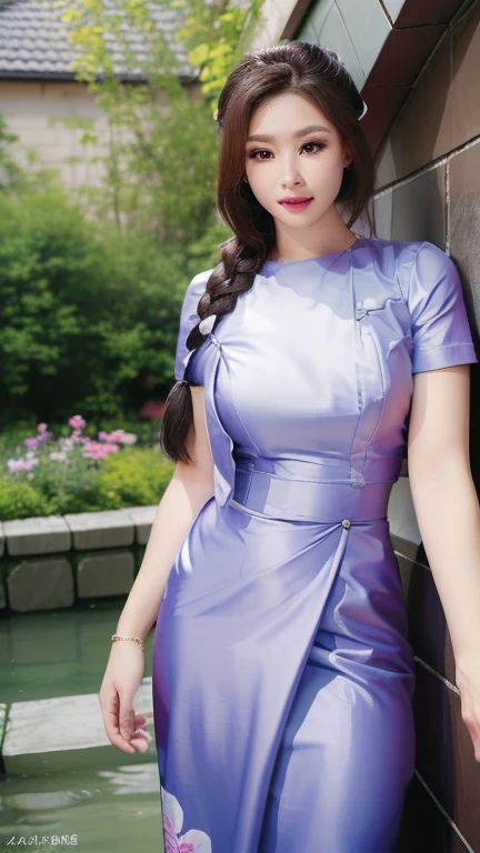 (best quality,4k,8k,highres,masterpiece:1.2),ultra-detailed,(realistic,photorealistic,photo-realistic:1.37),HDR,UHD,studio lighting,ultra-fine painting,sharp focus,physically-based rendering,extreme detail description,professional,vivid colors,bokeh,portrait,beautiful detailed eyes,beautiful detailed lips,extremely detailed eyes and face,longeyelashes,a glamorous woman with braids hairstyle,smiling,dimples,a dress,posing,colorful flowers garden,a cherry tree,a stream