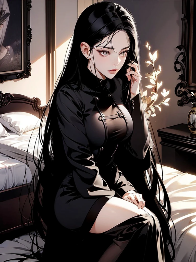 A long black hair girl, wears student uniform, night, sitting on bed, dim bedroom, (elegant), (sexy), (devine), (brilliant), (splendid), tall, (mature), stunning, beautiful, aethereal, (1girl), solo girl, (luxury bedroom), many hearts, shadow, dim light, dark, cinematic, highest quality, extremely detailed, masterpiece, detailed background