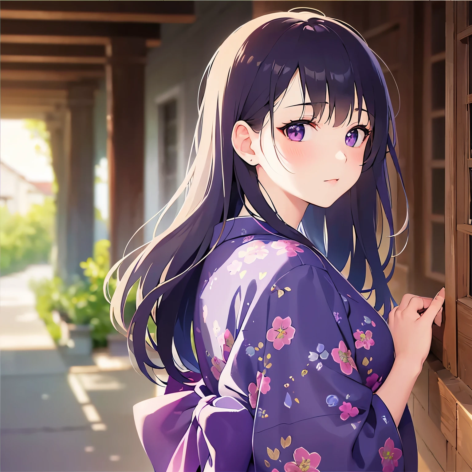 Upper Body,(looking back:1.5)、Arms crossed、
Realistic, real person, (pale skin: 1.2), RAW photo, photorealistic, shiny skin, shiny hair、
(A 25-year-old woman with straight hair and bangs) and (medium hair) and (black hair) and (purple eyes) ,
(purple) and (yukata),(blush:1.5),frown,The background is a Japanese-style corridor at night