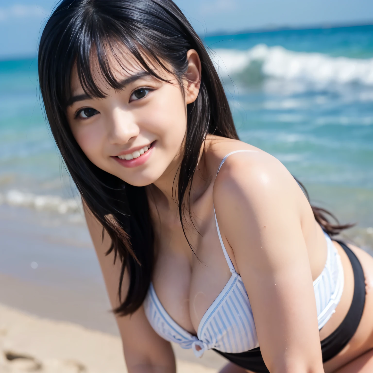 (Best-quality, Masterpiece, Ultra-High-Resolution, (Photorealistic:1.4), Raw Photo, depth of field, professional lighting, perfect anatomy, extremely details), (at summer-beach, beautiful sky, beautiful sea, beautiful sand-beach), 1girl, the most famous Japanese idol, (((drunk, embarrassed, grinning))), wearing summer-clothes, (((((extremely beautiful and extremely realistic skins))))), ((((extremely cute and extremely big black-round-eyes)))), ((extremely cute face like the most popular Japanese idol)), (extremely beautiful black-long-hair), (extremely cute long-eyelashes), (extremely cute lips), (perfect body)