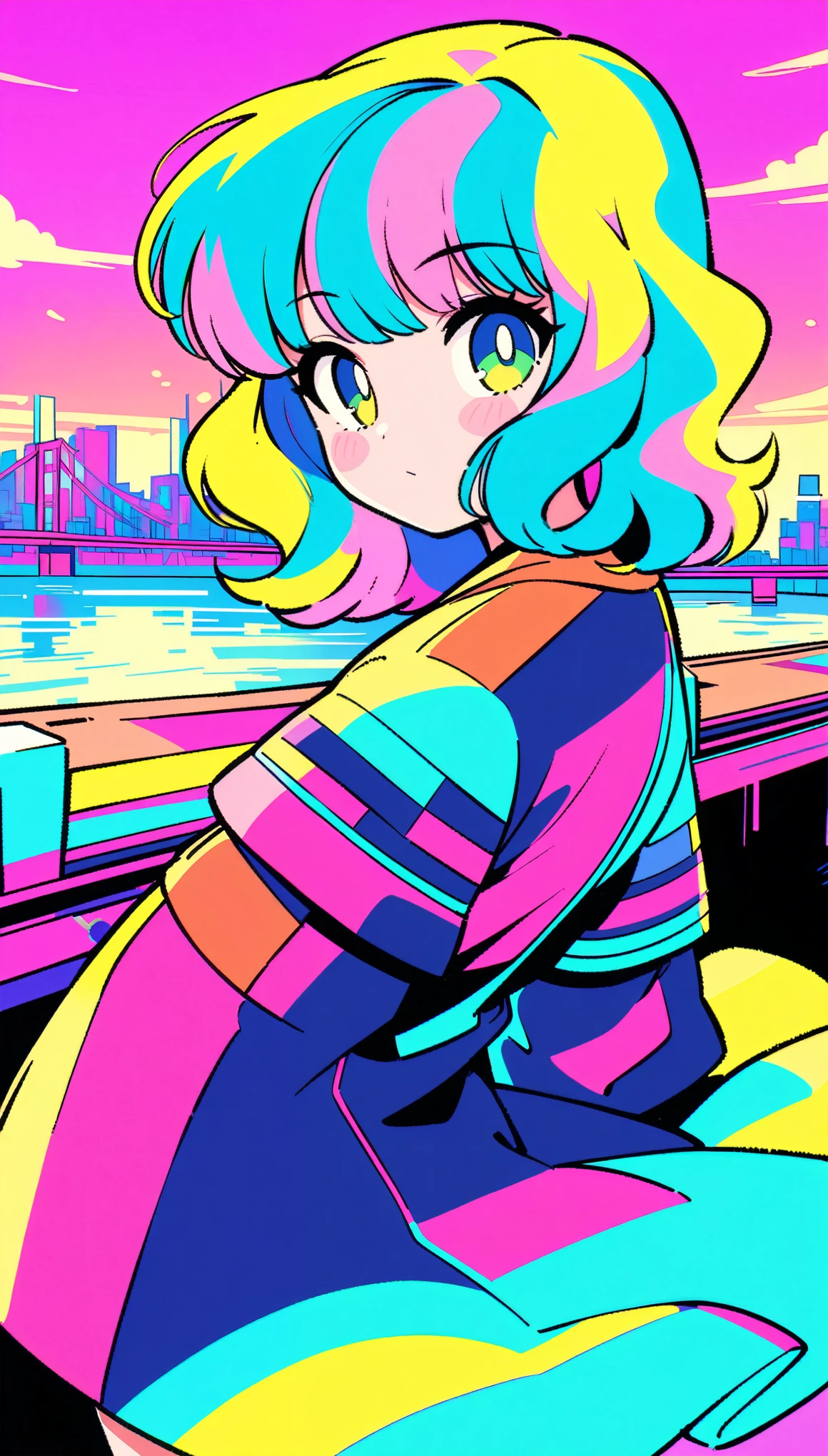 masterpiece, Highest quality, Beautiful attention to detail, Very detailed, In detail, High resolution, Perfect Anatomy, colorful, pastel colour, One Girl, alone, (City pop illustrations), (City Pop Art), Simple Background, Retro Style, (Vaporwave City Pop), (1980s City Pop), (City Pop Anime), (river, bridge), Retro Style, 1980s Fashion, Cowboy Shot,