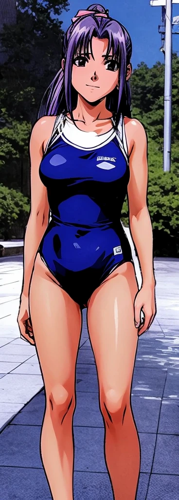 Momoko Koigakubo, a tall girl with beautiful legs, stands by the pool in a bright blue, high-cut competitive swimsuit with the arena logo on it.。A *****-***** boy wearing swimming trunks is standing next to Momoko Koigakubo.。