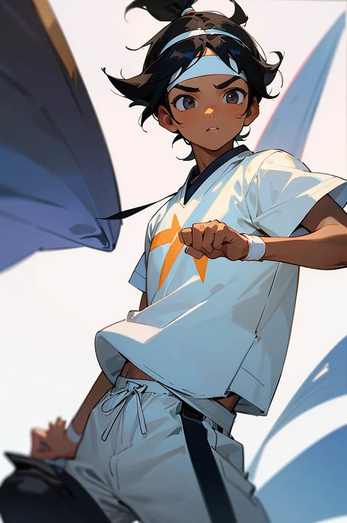 young ??? man with a white shirt, black hair, white skin with a little tan and a white headband and a background of muy muy animado y cara de mexicano animada la frente no tan grande