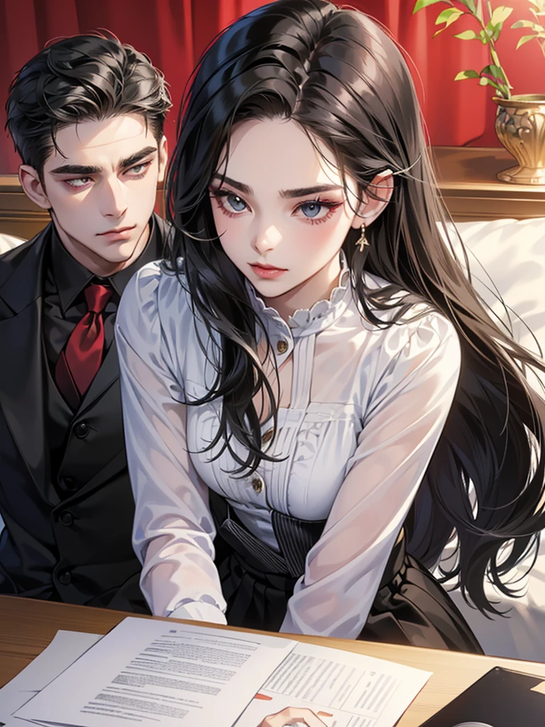 (masutepiece, Digital Art, Digital Illustration, 4K, 8K, Ultra-detailed, beautiful image, Sharp Image, Photorealistic, Raw photo, Perfect face, Perfect lines, Perfect eyes, Soft lighting) 1 woman, (Long Black Hair,straight haired,Bullish gaze,Beautie,Woman in suit,Solid makeup,23 y-o woman,small tits:1.3),Secretary, Two handsome men in suits, (ember,Men in suits,well-muscled,Firm shoulder width,Adult male,Boyish hairstyle,English gentlemanly style,Man in his 30s with a cool expression,28-year-old man with bright smile:1.2),Parti、a couple、couple kissing、kiss、the kiss、Romance、Kissing