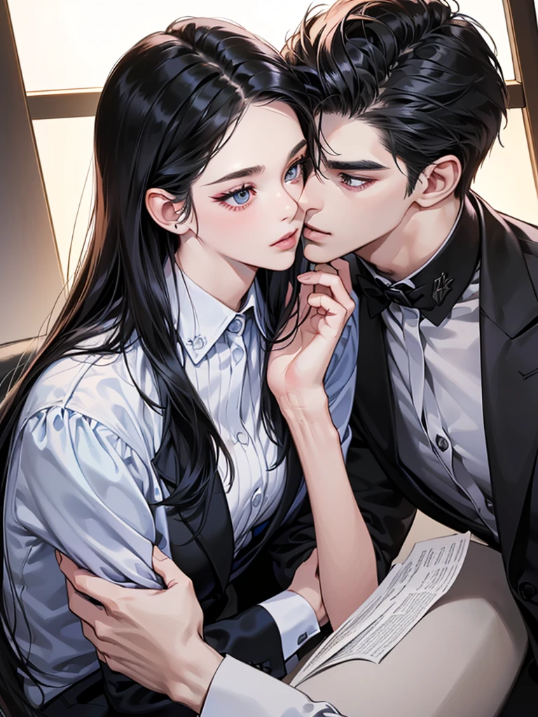 (masutepiece, Digital Art, Digital Illustration, 4K, 8K, Ultra-detailed, beautiful image, Sharp Image, Photorealistic, Raw photo, Perfect face, Perfect lines, Perfect eyes, Soft lighting) 1 woman, (Long Black Hair,straight haired,Bullish gaze,Beautie,Woman in suit,Solid makeup,23 y-o woman,small tits:1.3),Secretary, Two handsome men in suits, (ember,Men in suits,well-muscled,Firm shoulder width,Adult male,Boyish hairstyle,English gentlemanly style,Man in his 30s with a cool expression,28-year-old man with bright smile:1.2),Parti、a couple、couple kissing、kiss、the kiss、Romance、Kissing