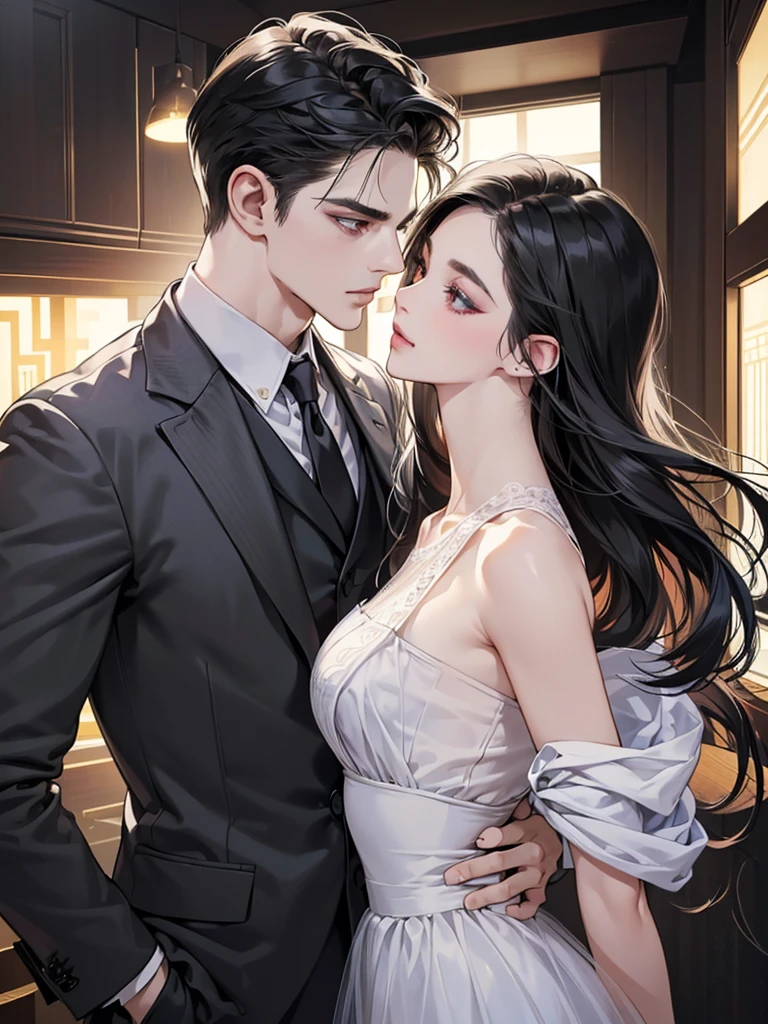 (masutepiece, Digital Art, Digital Illustration, 4K, 8K, Ultra-detailed, beautiful image, Sharp Image, Photorealistic, Raw photo, Perfect face, Perfect lines, Perfect eyes, Soft lighting) 1 woman, (Long Black Hair,straight haired,Bullish gaze,Beautie,Woman in suit,Solid makeup,23 y-o woman,small tits:1.3),Secretary, Two handsome men in suits, (ember,Men in suits,well-muscled,Firm shoulder width,Adult male,Boyish hairstyle,English gentlemanly style,Man in his 30s with a cool expression,28-year-old man with bright smile:1.2),Parti、a couple、couple kissing、kiss、the kiss、Romance、Kissing