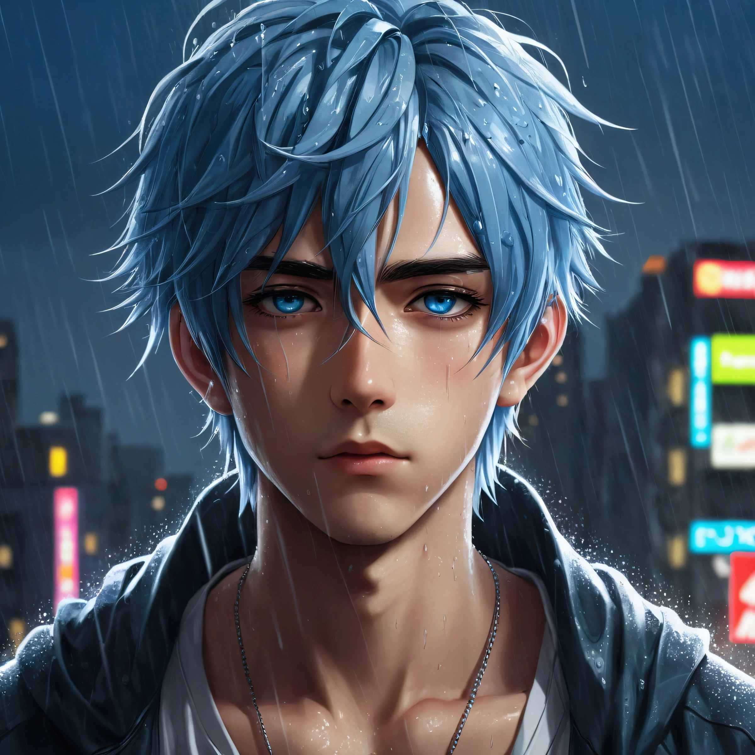 Anime boy in the rain, 1male people, Wide blue hair, blue eyes,4k anime wallpapers, There are no boys after the rain, Anime Boy Profile, manga wallpaper 4k, Anime wallpaper 4K, 4k anime wallpapers, Artwork in the style of Guweiz, Badass anime 8K, Anime art wallpaper 4k, Anime art wallpaper 4k, rainy evening, Anime art wallpaper 8k, Very detailed background on city rooftops, platforms, with city view, Detal Face, Detailed complex occupancy background, disorderly, splendid, milkyW, highly detailedskin, Clear focus, volume fog, 8K UHD, Digital SLR, high high quality, DL, futuristic dystopian megalopolis, Translucent