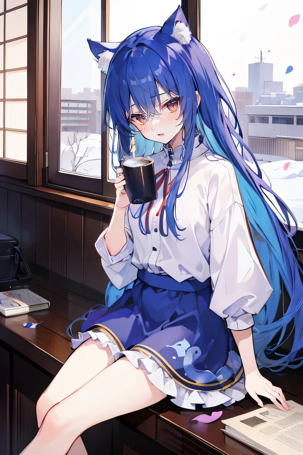 (Masterpiece:1.2)，Ultra-detailed，lifelike，The eyes are expressive，Fair skin，Perfect face shape，1 girl，
Japanese Manga，Gorgeous blue hair，Flowing blue hair，Flowing clothes，Cat ears，Petals falling，Beautiful Lola，little angel，
Cross your legs，Gentle and peaceful background，Smile，Wearing a sweatshirt，Tokyo background，background，heavy snow，冬天 on window sill drinking coffee and looking out the window