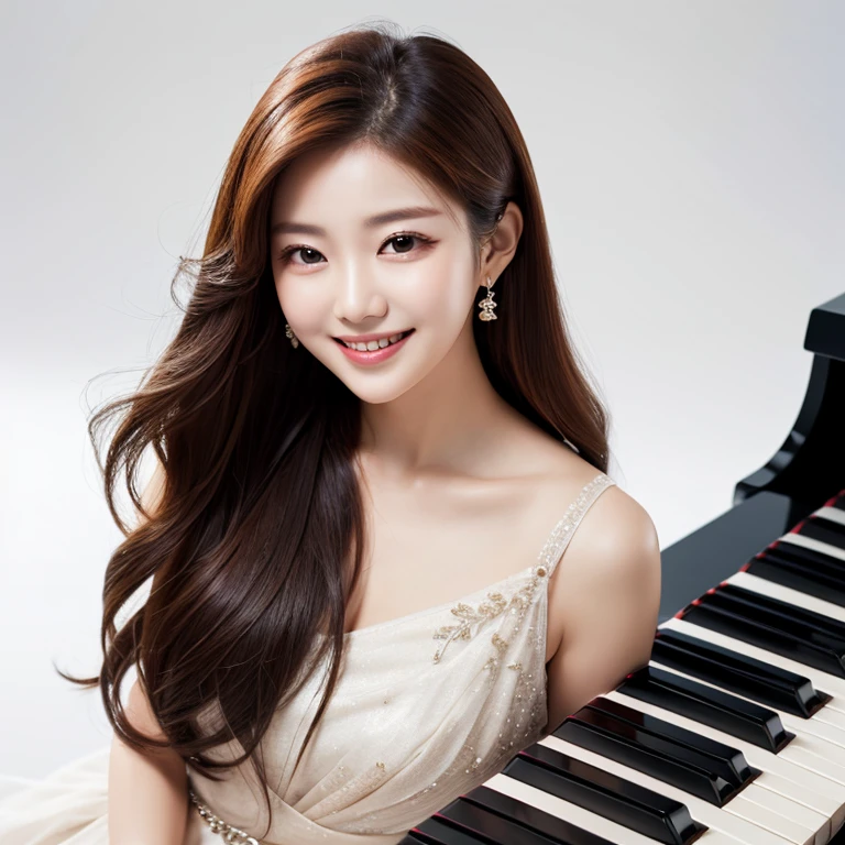 South Korea, Beauty, beautiful detailed face, clothes with timeless elegance, smile, White background, piano, high-angle-shot, masterpiece,
