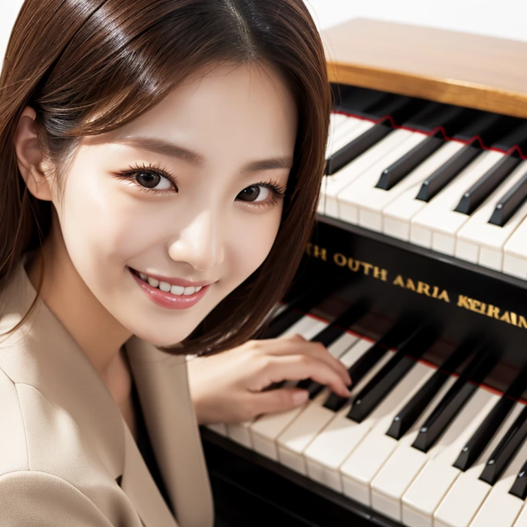 South Korea,　Beauty, beautiful detailed face,　clothes with timeless elegance,　smile,　White background, piano, high-angle-shot, masterpiece,