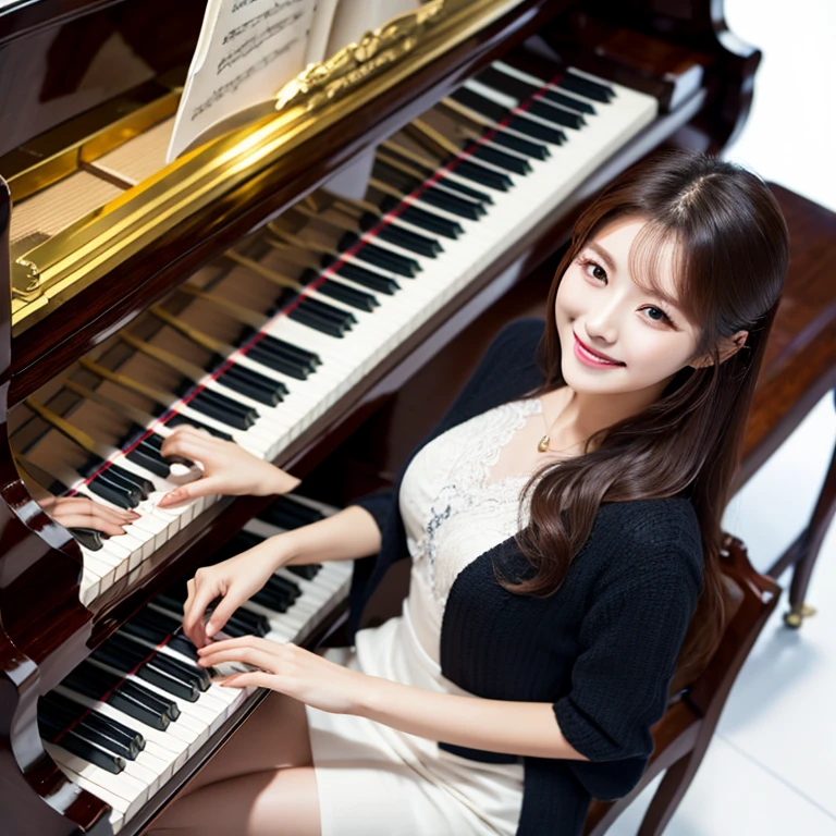 South Korea, Beauty, beautiful detailed face, clothes with timeless elegance, smile, White background, piano, high-angle-shot, masterpiece,