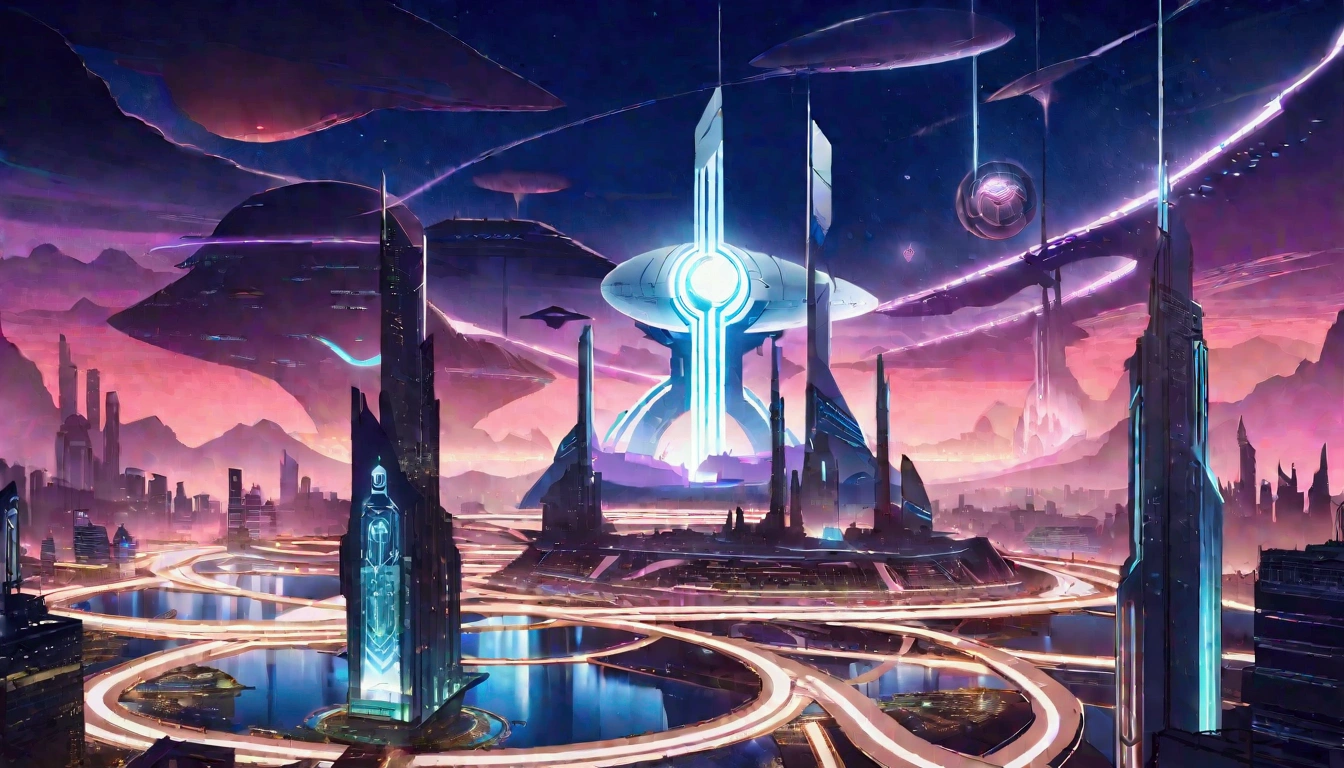 Future city with future train and future buildings at night, Future Concept Art, Otherworldly city of the future, In a fantasy sci-fi city, beautiful City of the Future, Future Utopian City, Concept Art 8 K resolution, concept art 8k resolution, City of the Future, Future Spaceport, Concept Art 8 K, Sci-Fi Hollywood Concept Art