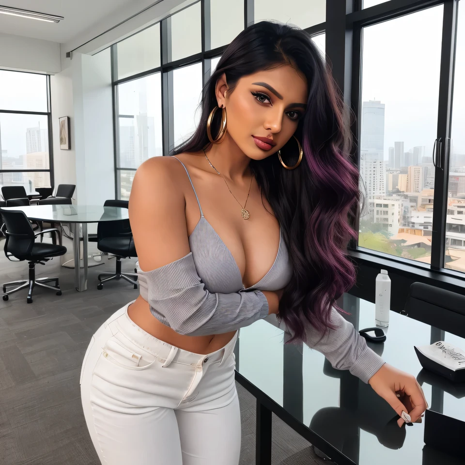 Create an ultra-realistic image of a modern, attractive female influencer of Indian descent, aged between 27 to 30. She should have a warm and inviting smile, expressive almond-shaped eyes with a slight shimmer, and clear, glowing skin with a medium brown complexion. Her features should be well-defined, with high cheekbones and a sharp jawline. Her hair should be long, thick, and wavy, with a natural shine and bounce, styled in a deep, reddish-purple hue that’s bold yet sophisticated. She should have a slender yet athletic build with gigantic breasts (plump: 1.1) and an increased butt size, reflecting a healthy and active lifestyle. She is wearing a stylish yet professional outfit consisting of a fitted blouse in white, light blue, or burgundy, and high-waisted trousers in black, grey, or navy blue that complement her curves. Her outfit is completed with stylish black heeled sandals that add elegance to her look. She accessorizes with subtle yet chic jewelry, such as small hoop earrings and a few thin bangles. The background should be a vibrant, modern office space with sleek, professional environments featuring glass windows, minimalist furniture, and neutral tones, suggesting a cosmopolitan lifestyle. Her overall appearance should exude confidence, approachability, and sophistication, with a particular focus on her enlarged bust, capturing the essence of a contemporary Indian fashion influencer.