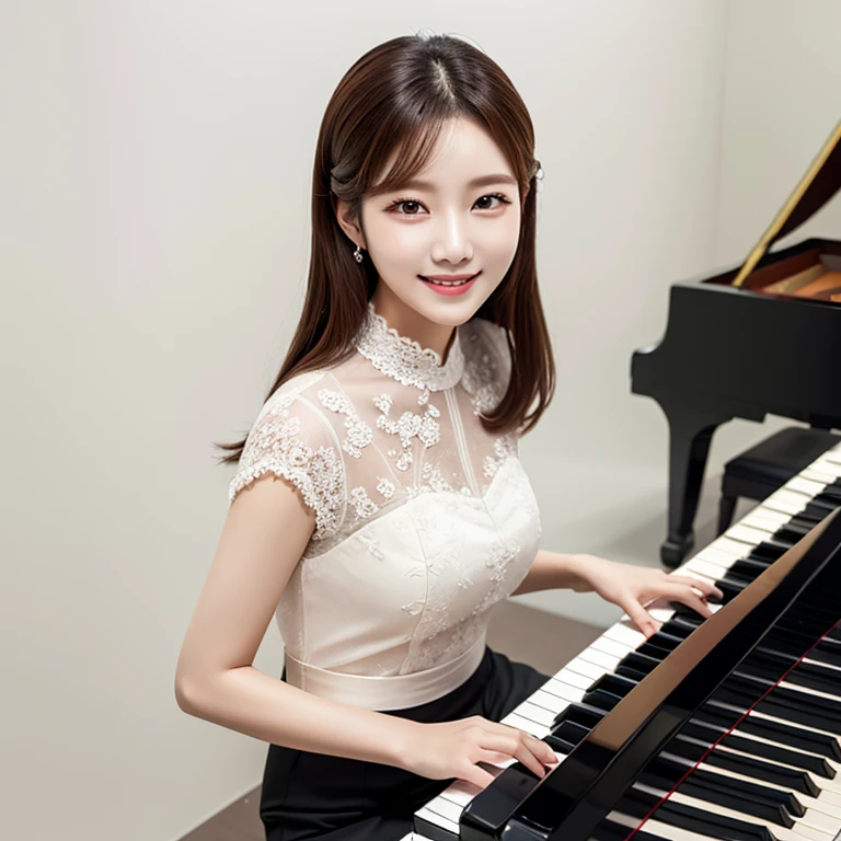 South Korea,　Beauty, beautiful detailed face,　clothes with timeless elegance,　smile,　White background, piano, high-angle-shot, masterpiece,