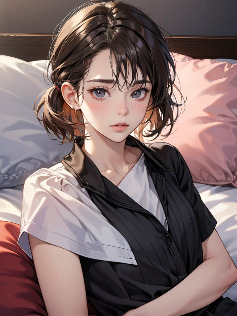 (masutepiece, Digital Art, Digital Illustration, 4K, 8K, Ultra-detailed, beautiful image, Sharp Image, Photorealistic, Raw photo, Perfect face, Perfect lines, Perfect eyes, Soft lighting) , a couple, 1 girl 1 boy, Hair color is different, Medium brown hair and brown eyes, Short black hair and gray eyes, Romance, Lie on the ground, the kiss、Kissing、couple kissing、a couple、Lip touch