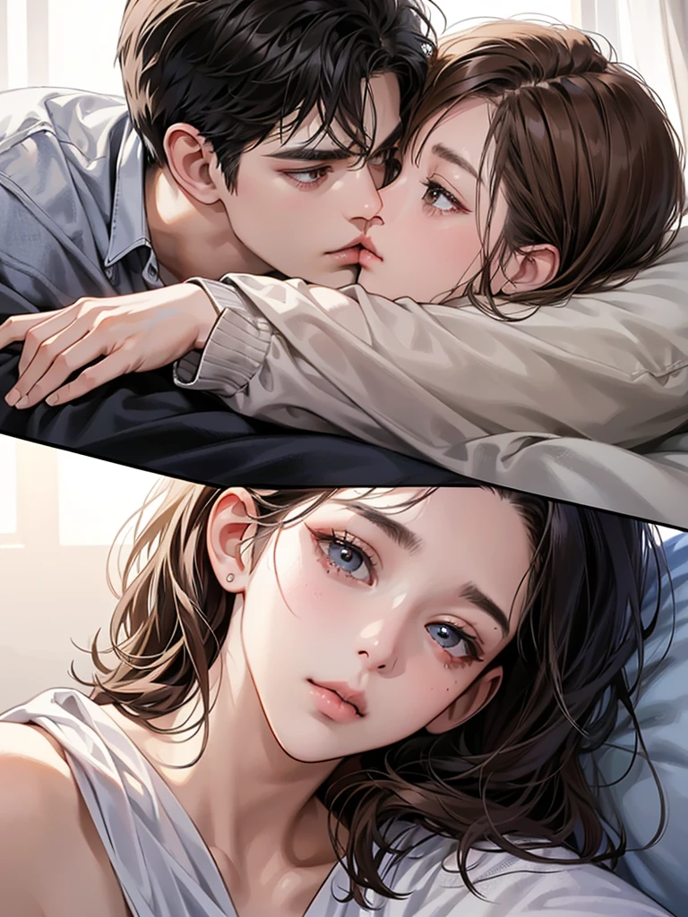 (masutepiece, Digital Art, Digital Illustration, 4K, 8K, Ultra-detailed, beautiful image, Sharp Image, Photorealistic, Raw photo, Perfect face, Perfect lines, Perfect eyes, Soft lighting) , a couple, 1 girl 1 boy, Hair color is different, Medium brown hair and brown eyes, Short black hair and gray eyes, Romance, Lie on the ground, the kiss、Kissing、couple kissing、a couple、Lip touch