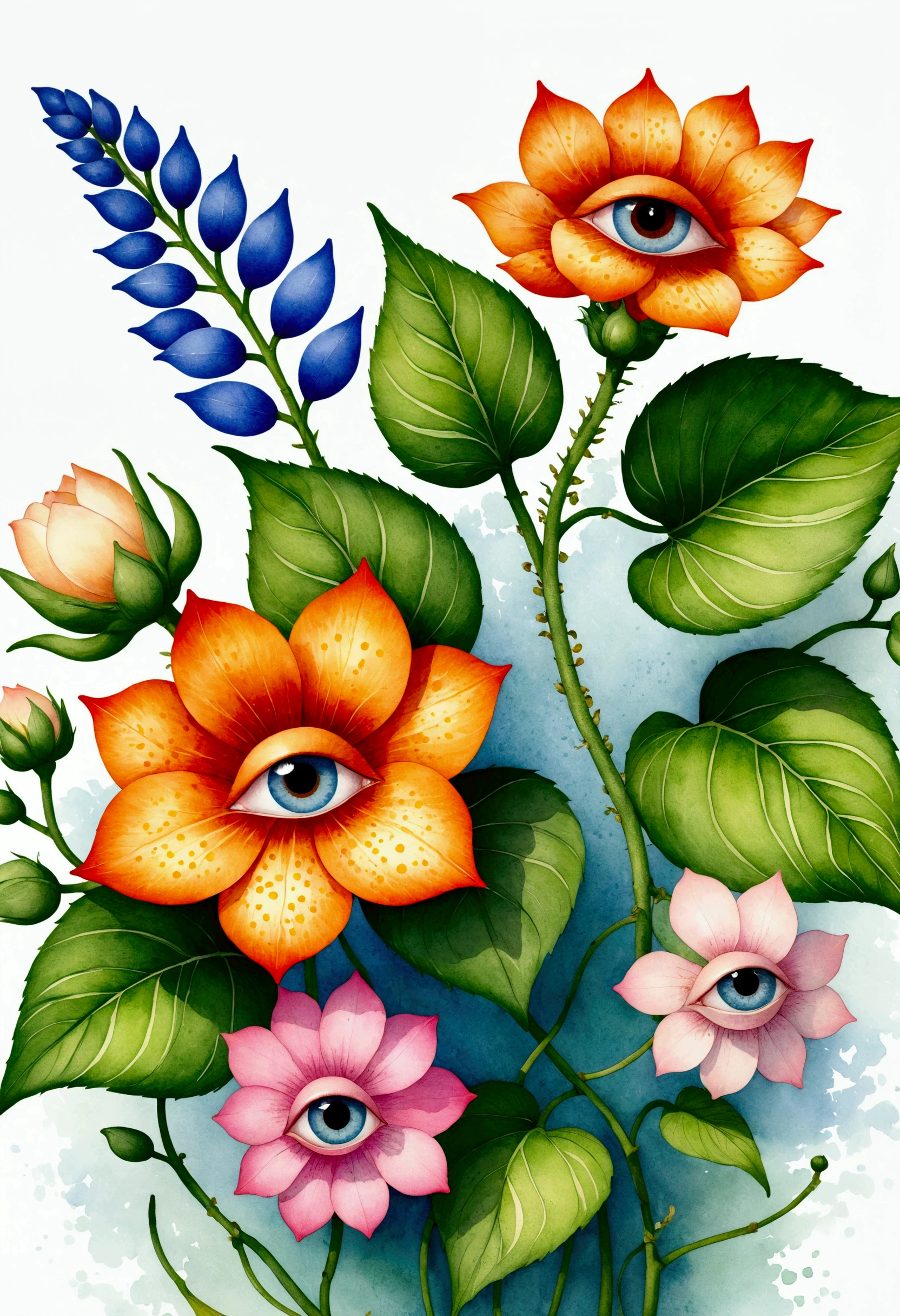 (Pointillism method). Bizarre plants:1.5,(((eye:1.37))),Neat line drawing,vine,Pen line outline,watercolor,Elegant colors,vintage style, format as coloring book page petals meridian ,
Large area of blank。