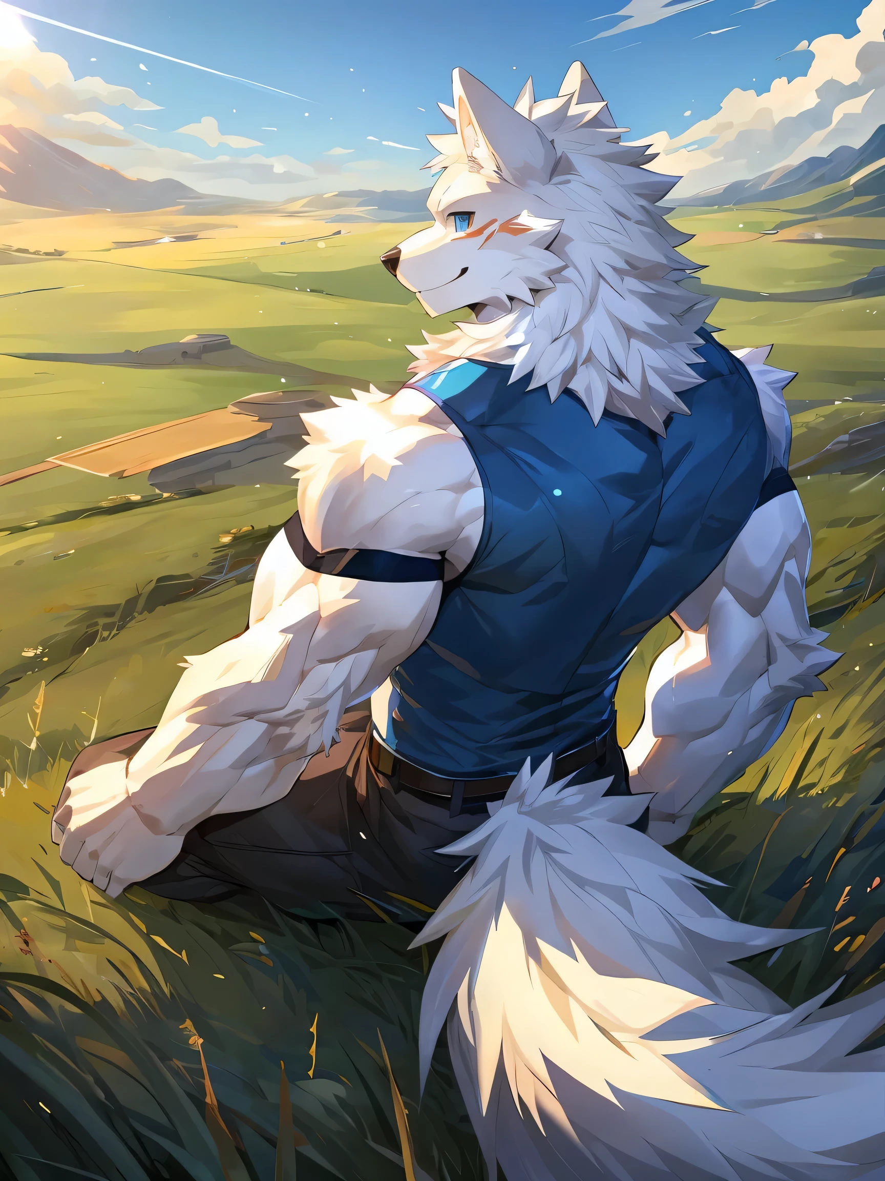 Embed:individual, (White Wolf), White fur, Two-color, Blue eyes, (Muscular body:1.05), Perfect eyes, Handsome, OK,(Sky blue short sleeves jacket)(Sky blue short sleeves),(on the grass),(Express), Grassland background,(close up),(happy eyes:1.2),Look at the screen,(Wolf tail)(Big Tail),Perfect masterpiece,(16K),solitary,(Strong),(Grassland background),Perfect proportion,front,Smile,(Watching you:1.4),(Open your mouth slightly,pant:1.1),(Close Range:1.2)Strong,muscle,more details,CG,Highest quality scene detail,The best hands, Best quality eyes,Fine fur,Exquisite eyes.Ultimate image quality,From Sollyz,From zixiong,From milkytiger1145