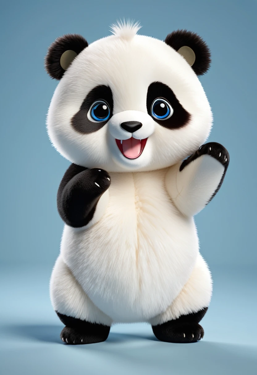 plush panda, White fur, Like a marten, stand on hind legs, Blue doll eyes with big eyelashes, smile with open mouth, says, move your feet, spread laterally, 3D style, 8k , 4K, HD, clean background, chibi style, I always have lovely pandas and pandas., animal,0.5 years old, baby, cute, chubby