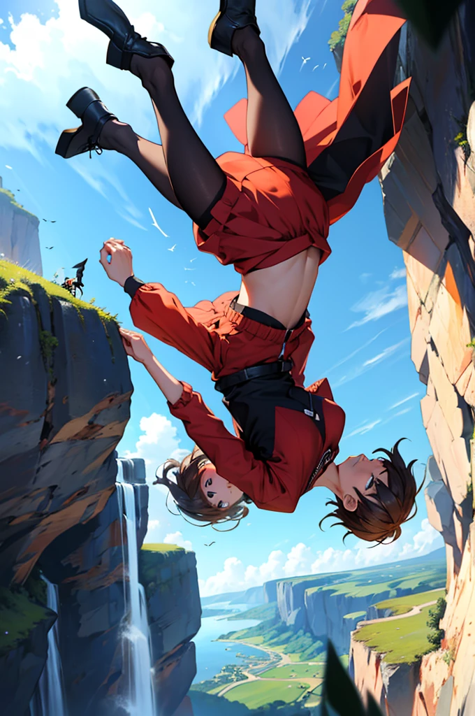Couple falling from the sky holding hands view their whole body falling from the sky falling from a great height sky in the background falling from a cliff upside down 