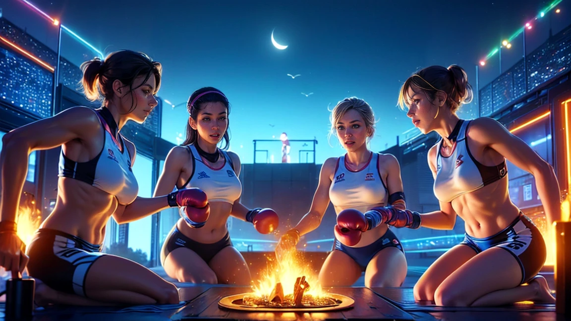 top quality, future world, six woman athletes play sports together in playground including cycling and boxing and badminton and volleyball and basketball and fencing , beautiful and detailed face, close shot photo, (one Olympic flame is in huge brazier in the sky:1.2, one torch in hand, gold medal on necks)