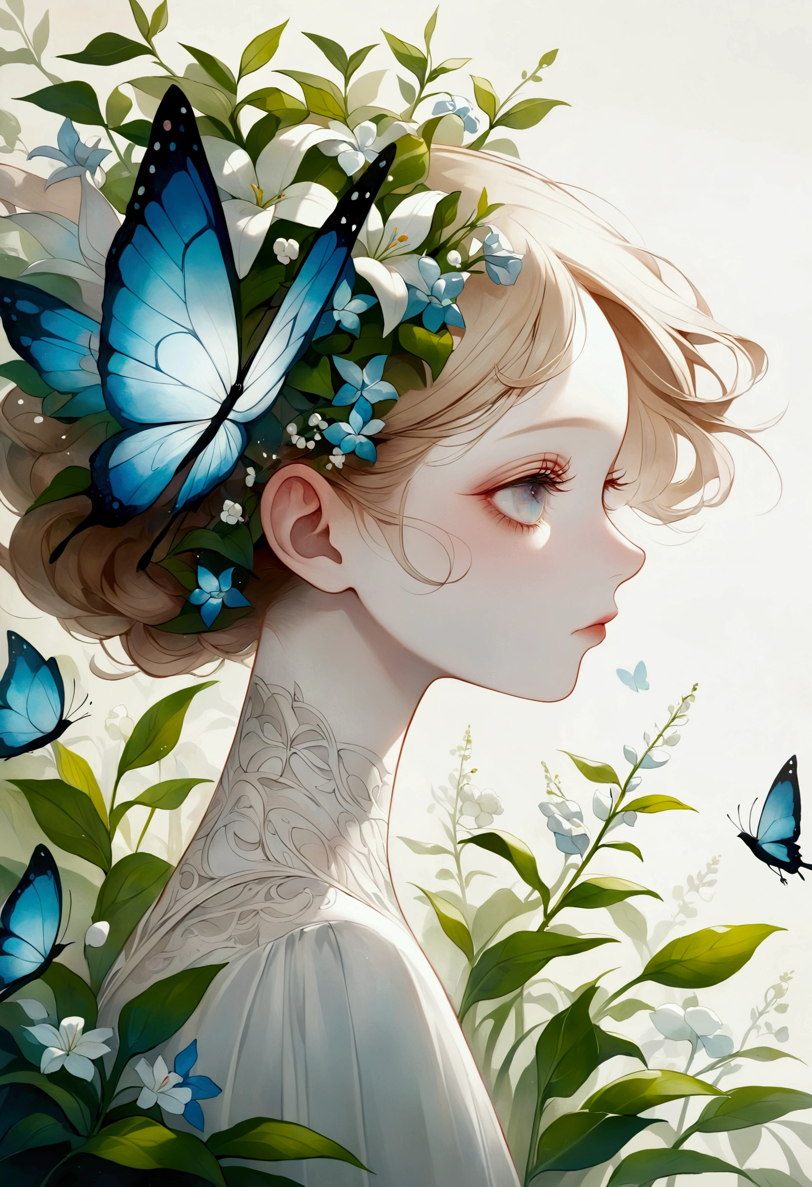 Colored lead painting simple illustration：Inspired by Marco Mazzoni,Profile portrait - head up，bird、Butterfly、Plants and flowers。