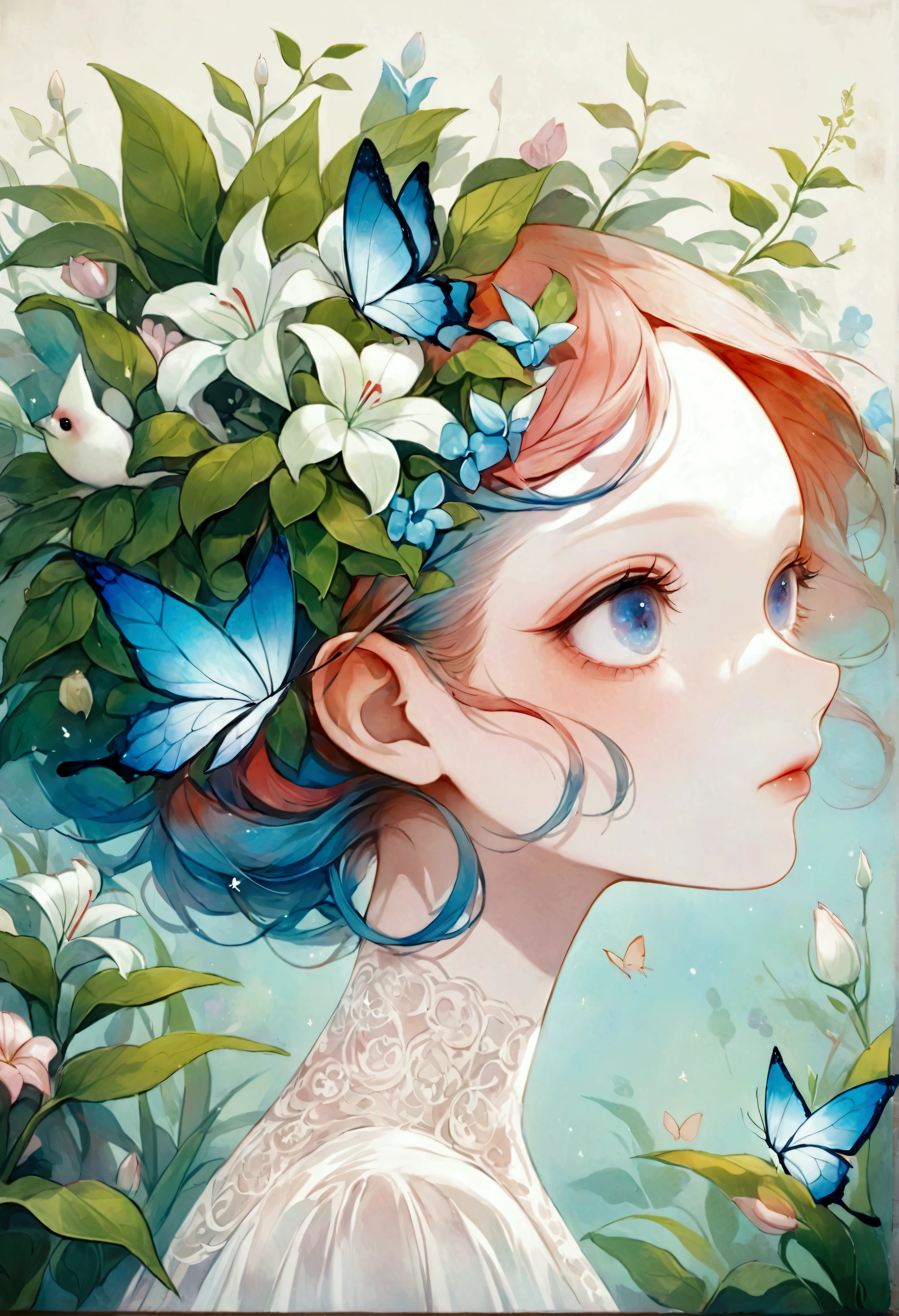 Colored lead painting simple illustration：Inspired by Marco Mazzoni,Profile portrait - head up，bird、Butterfly、Plants and flowers。